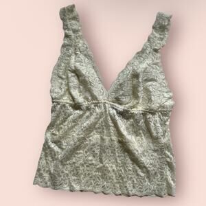 Vtg Large Cami Tank Top Cream Lace V-neck Y2K Coquette Cottage Stretchy Cropped
